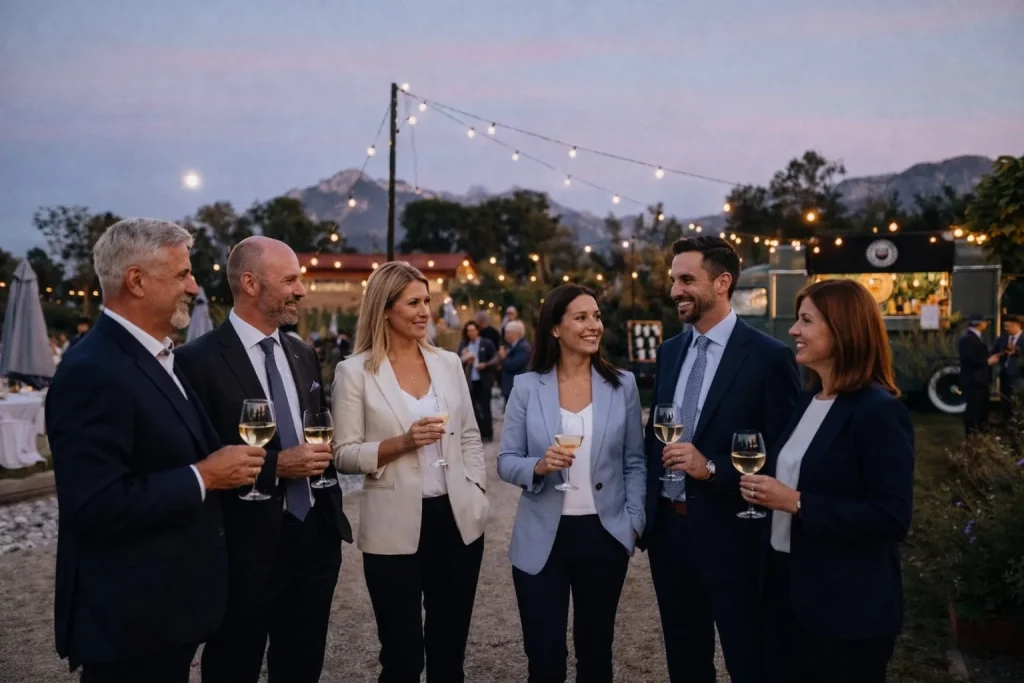 groupe de personne avec un verre à la main rassemblée devant le bar mobile le bar bichette